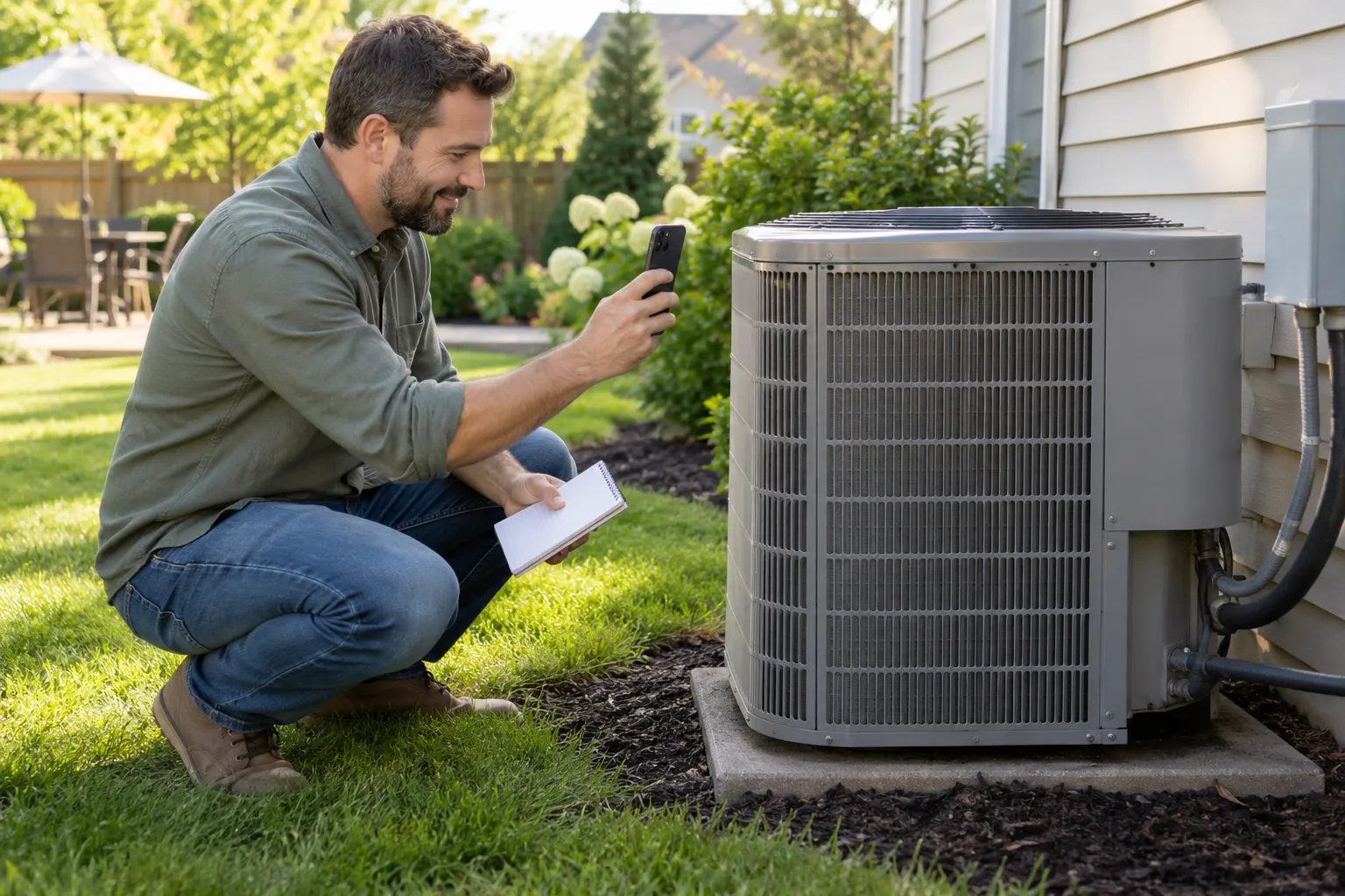 A homeowner photographing an outdoor AC unit to keep records for an estimate